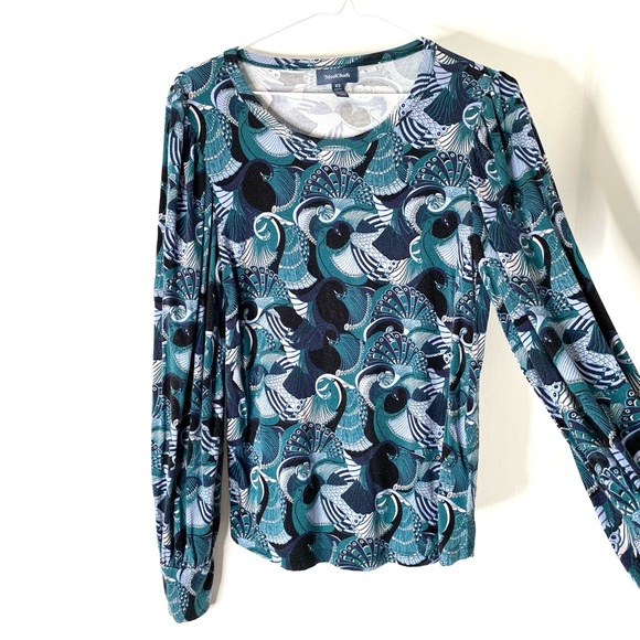 ModCloth Green Blue Peacock Paisley Long Sleeve Top - Picture 4 of 8